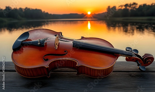 Obraz Violin at sunset over lake