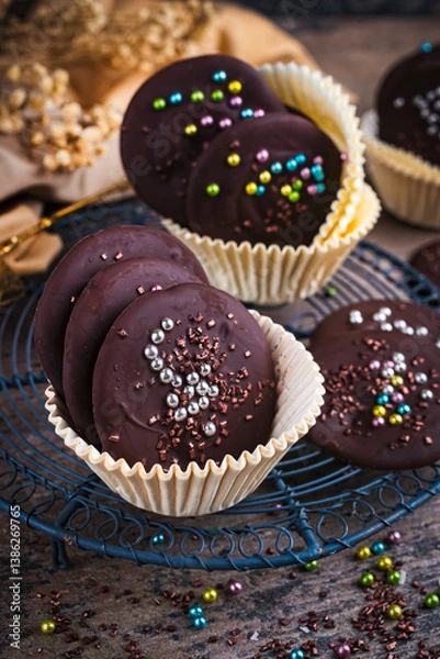 Fototapeta Artisan homemade fine dark chocolate thaler  decorated with colorful sugar pearls in muffin moulds