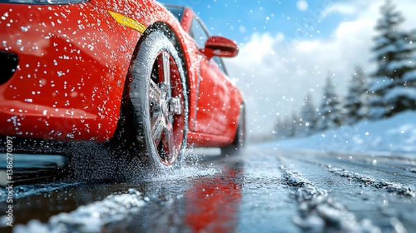 Obraz Red sports car driving on a snowy road, water splashing from tires. Winter driving scene