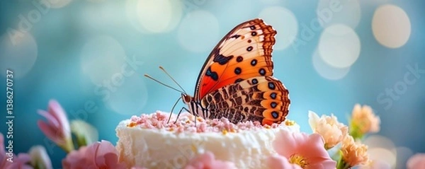 Fototapeta Beautiful butterfly perched on a birthday cake enjoying a summer day