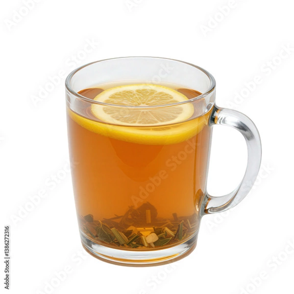 Fototapeta Glass mug of herbal tea with a fresh lemon slice.