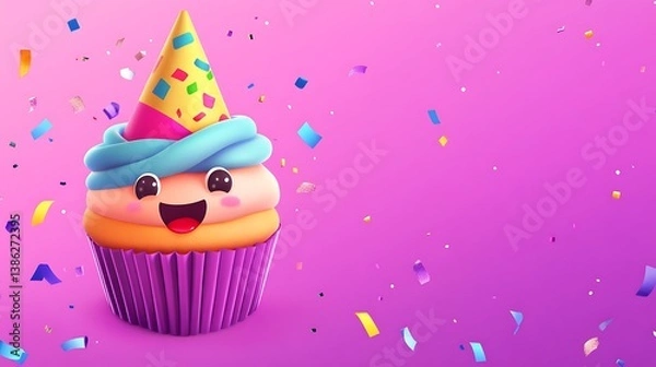 Fototapeta A cheerful cupcake celebrating with party hat and confetti pieces