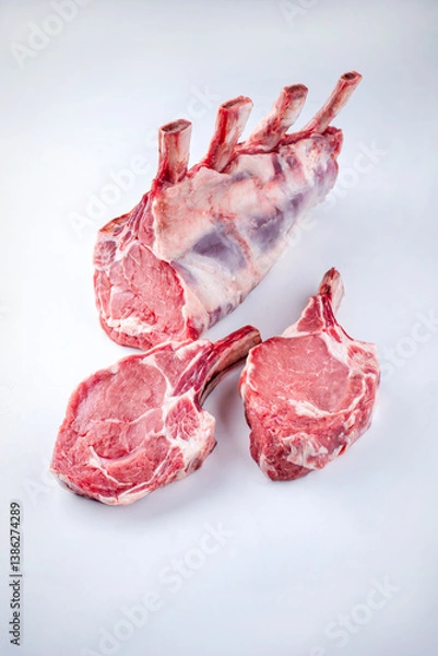 Fototapeta Raw dry aged bone-in back rack of veal loin and chops