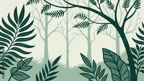 Fototapeta Lush green foliage in a peaceful forest setting with leaf patterns and bare trees in the background