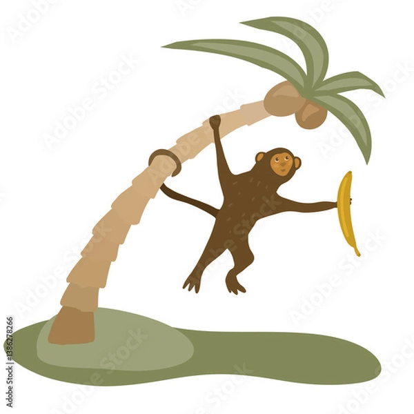 Fototapeta Charming illustration of a smiling monkey hanging from a palm tree while holding a banana. A playful and tropical design ideal for children’s decor, jungle-themed projects, and animal character 