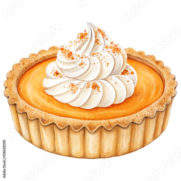 Obraz Pumpkin pie isolated on white background. Mini pumpkin pie individual serving. Thanksgiving dessert. Watercolor illustration. 