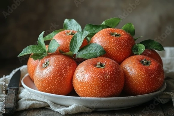 Fototapeta Juicy Orange Fruits with Dew Drops on Rustic Setting