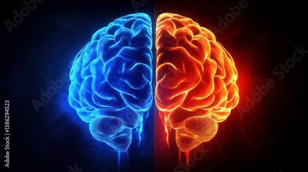Fototapeta Vibrant conceptual illustration of a human brain in two distinct colors symbolizing left and right brain functions for science and creativity