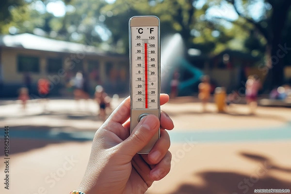 Fototapeta Hand holding thermometer on hot day at playground, high temperature displayed with blurred children and trees in background