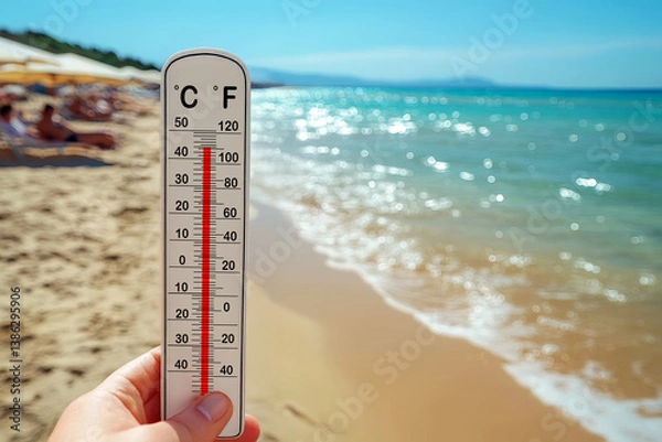 Fototapeta Hand holding thermometer on sunny beach, high summer temperature with sparkling sea and blurred sunbathers in background