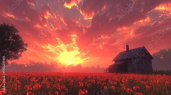Fototapeta Serene Sunset Over Red Poppy Field with Rustic Cabin