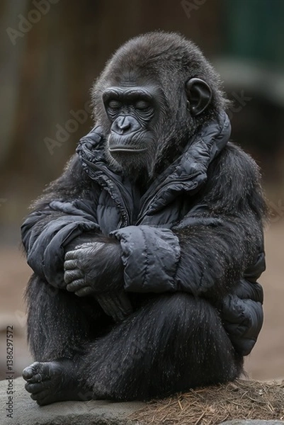 Fototapeta A pensive gorilla wearing a dark puffer jacket, sitting on a rock, gazing downward. A heartwarming image highlighting the intelligence and emotions of this great ape.