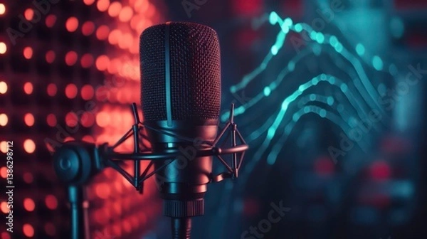 Fototapeta Professional podcast microphone with soundwave visualization in the background, representing audio production, voiceover, and podcasting concepts.