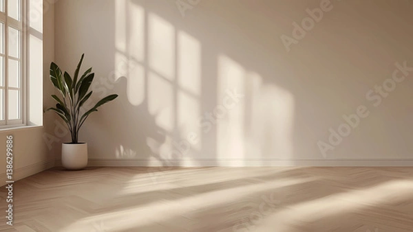 Obraz Bright Sunlit Minimalist Room with Wooden Flooring, Large Window, and Potted Plant in Peaceful Setting