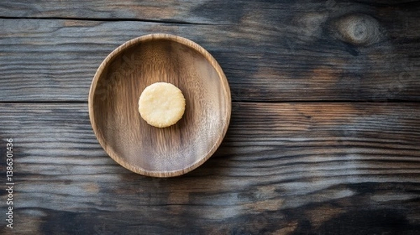 Fototapeta Single Senbei Rice Cracker on Pale Wood Plate Top View Image