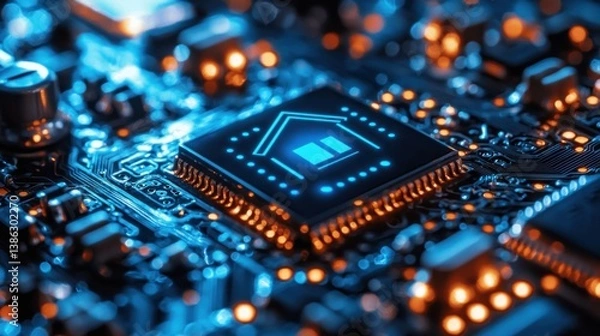 Fototapeta Smart home technology concept glowing house icon on circuit board.