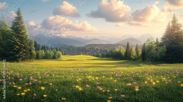Fototapeta Scenic landscape with gentle grassy slopes and isolated evergreen trees, low angle view across a vibrant wildflower field with yellow and pink blossoms, soft clouds drifting over distant alpine peak