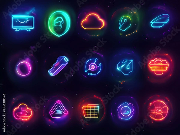 Fototapeta : A modern set of cyber and AI-themed icons with futuristic data grids and cloud computing systems 