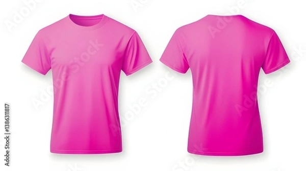 Fototapeta Blank Psychedelic Pink #FF00B8 t-shirt mockup isolated on white background. only Front view of empty tee template design. Clean fabric cloth for football or style outfit mock up.


