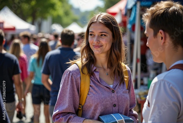 Obraz Smiling Woman at Outdoor Market Engaging in Lively Conversation