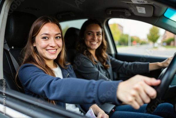 Obraz Two Women Smiling and Driving in a Car on a Sunny Day