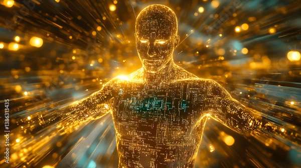 Fototapeta A futuristic golden and steel human silhouette with AI circuitry and glowing technology symbols 