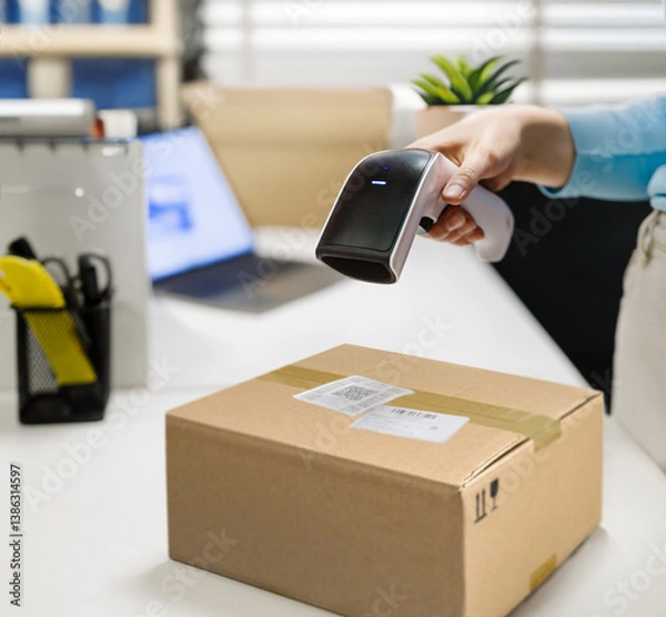 Fototapeta The employee scans the QR code of the parcel at the online order pick-up point
