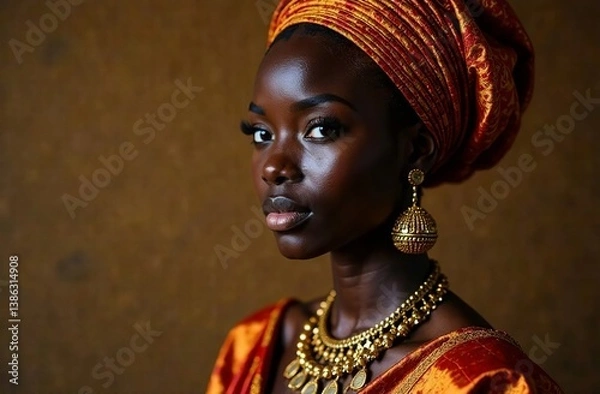Fototapeta Captivating image of a black woman showing grace and confidence against a sunny urban backdrop, enriched by a vivid mural. Ethnic jewellery.