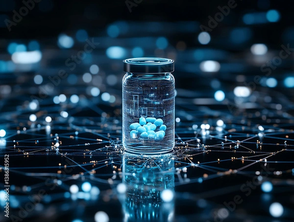 Fototapeta A holographic pill bottle surrounded by medical AI data and future tech visuals 