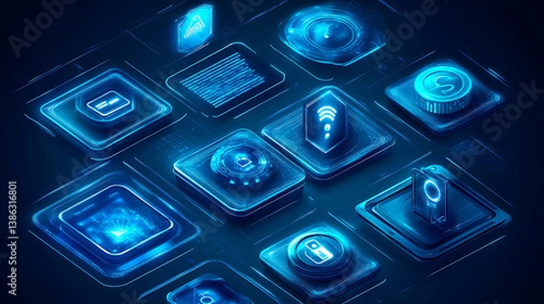 Fototapeta A modern collection of technology icons highlighting AI-driven smart devices, automation systems, and cyber interfaces 