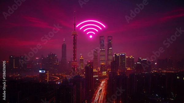 Fototapeta A neon-colored Wi-Fi signal glowing above a high-tech smart city skyline 