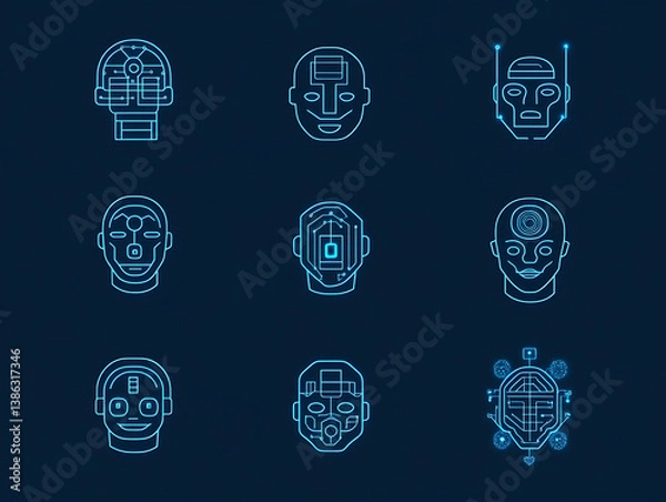 Fototapeta A series of AI icons with robotic faces, neural networks, and digital processors 