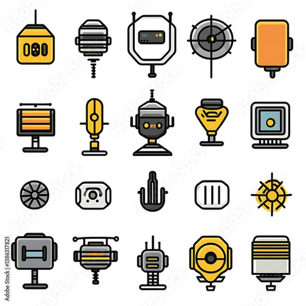 Fototapeta A set of icons highlighting AI-driven robotic systems, neural networks, and futuristic control systems 