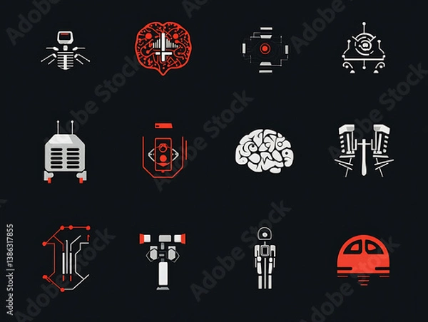 Fototapeta A set of modern technology icons representing AI brain models, machine learning algorithms, and robotic systems 