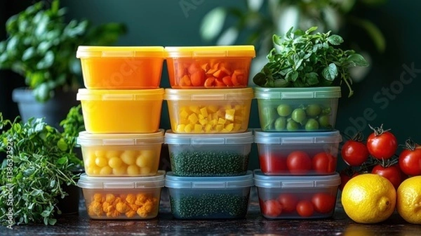 Fototapeta Stacked food containers with various vegetables and herbs.