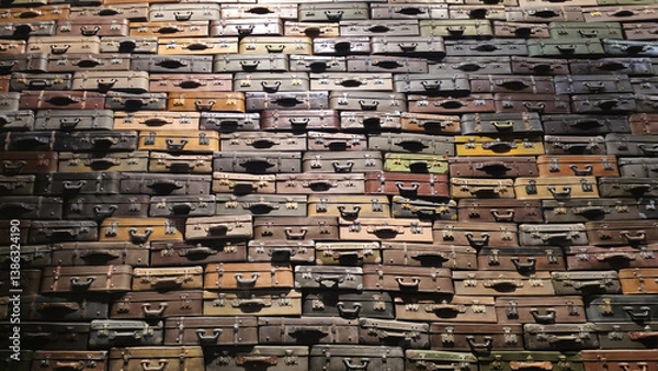 Fototapeta Wall of old suitcases. Dramatic background.