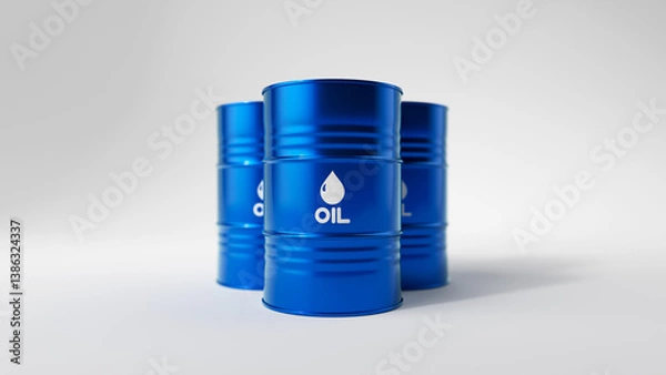 Obraz Three blue metal oil barrels on white background. Front view. Oil industry concept. 3d render illustration