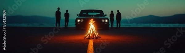 Obraz Group by a campfire near a vintage car at dusk by the beach.