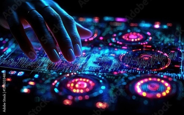 Fototapeta Hand interacting with futuristic interface