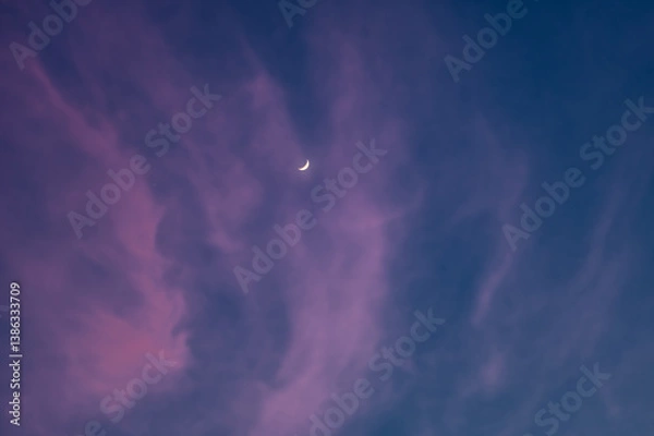 Fototapeta Waxing Crescent Moon an probably Jupiter amoung pink sunset clouds