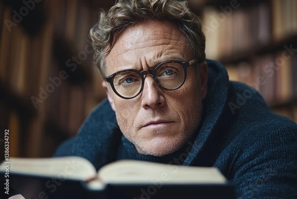 Fototapeta Focused man reading a book in a library