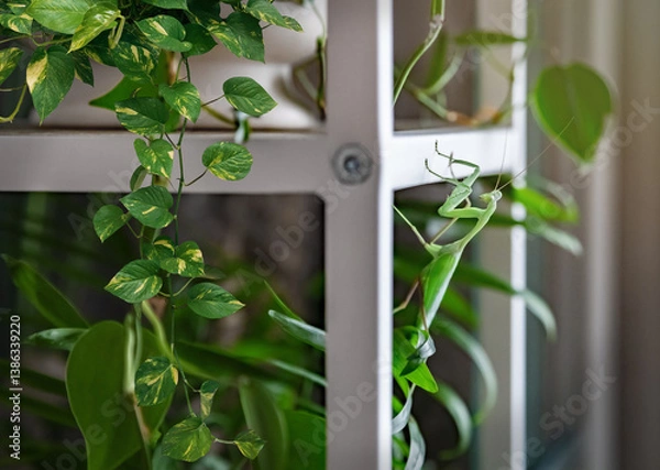 Fototapeta  A praying mantis is an insect belonging to the family Mantidae, known for its distinctive posture, where it holds its front legs in a position resembling prayer. These insects are fascinating hunters