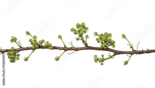 Fototapeta Close up of a vibrant grapevine branch with green buds and delicate tendrils on a clean background