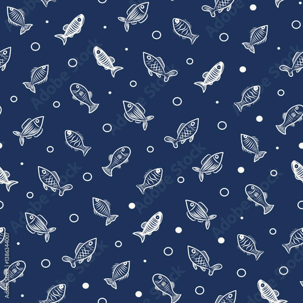 Obraz Seamless vector pattern with white hand drawn fish and air bubbles on blue background, simple flat underwater design for fabric textile wallpaper, ocean marine style, repeat surface print, fishmen
