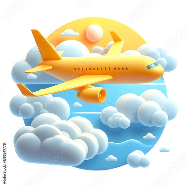 Obraz Vector 3d plane in sky icon. Simple cartoon render, flying yellow airplane in the clouds, isolated on white background