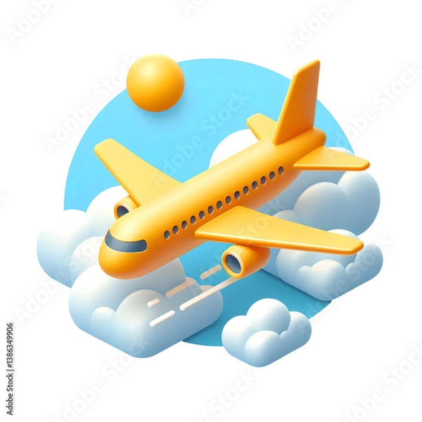 Obraz Vector 3d plane in sky icon. Simple cartoon render, flying yellow airplane in the clouds, isolated on white background