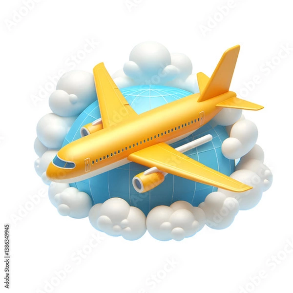 Obraz Vector 3d plane in sky icon. Simple cartoon render, flying yellow airplane in the clouds, isolated on white background