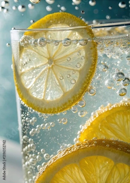 Fototapeta Lemon slices floating in sparkling water
