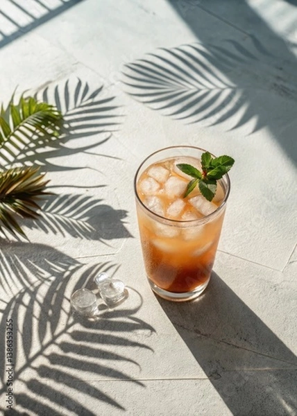 Fototapeta Palm leaves shadow over cold drink on table
