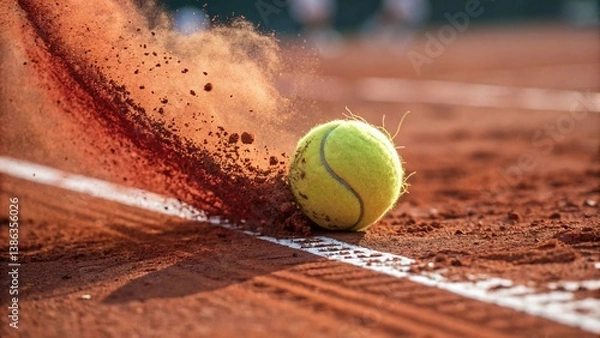 Fototapeta Tennis Ball Impact on Clay Court Capturing Dynamic Spray of Red Clay Particles Near Boundary Line in Vibrant Sports Action Shot